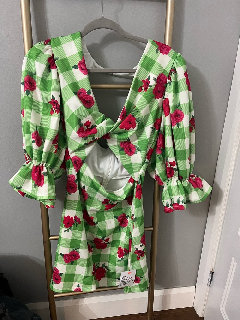 NWT ASOS DESIGN Green Gingham Floral Cut-Out Mini Dress – Size US 10 / EU 42